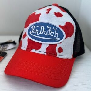 NWT Von Dutch Vegan Pony Hair Trucker Hat Orange Cow Print- Black Mesh SnapBack